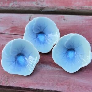 Set of Three Blue Ceramic Flower Dishes